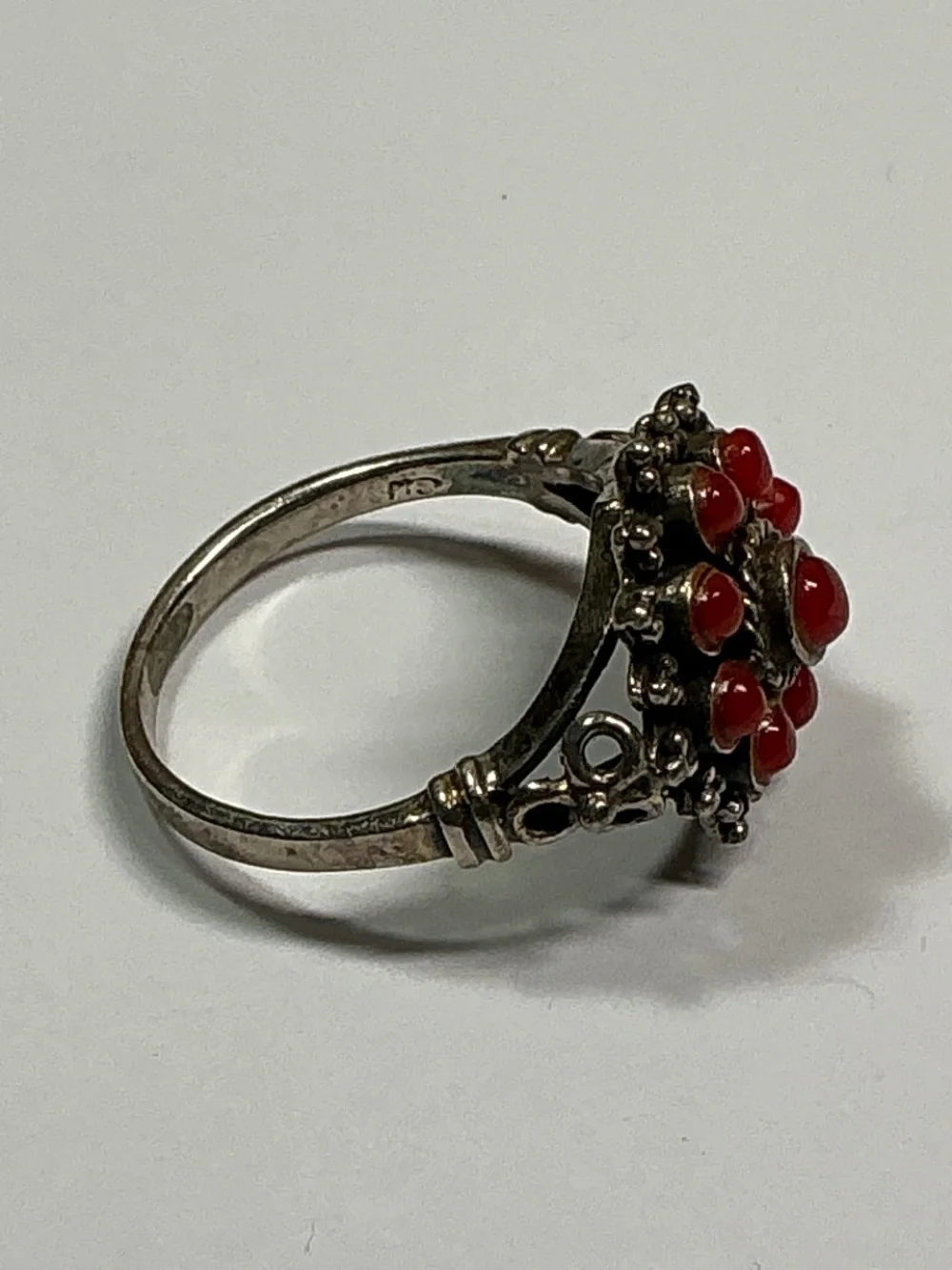 Sterling Silver Red Coral Cluster Ring. Size 6.5